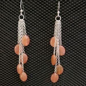 Orange/peach oval lampwork glass and silver chain earrings